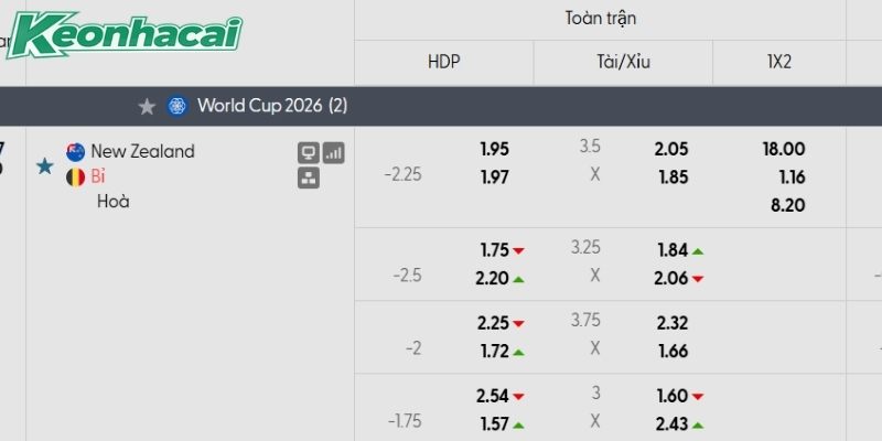 Tỷ lệ kèo New Zealand vs Bỉ